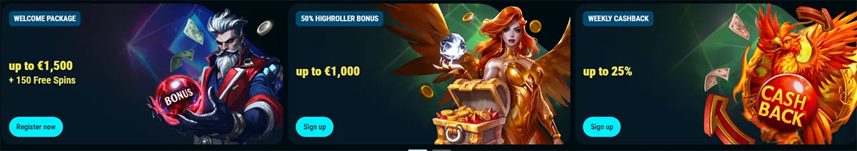 Casino promotions banner showing a welcome package with up to €1,500 and free spins, a high-roller bonus up to €1,000, and a weekly cashback offer of up to 25%, each with illustrated characters and sign-up buttons.