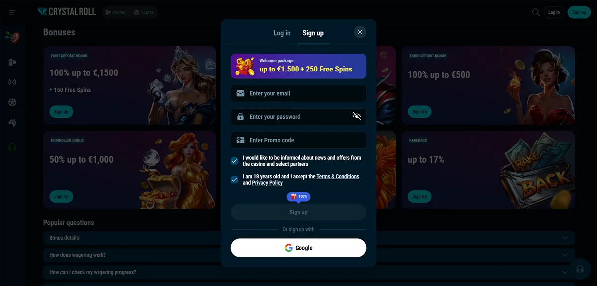 Casino sign-up popup showing a welcome package offer of up to €1,500 plus 250 free spins, with email and password fields, promo code option, consent checkboxes, and a Google sign-up button over a dark-themed bonus page background.